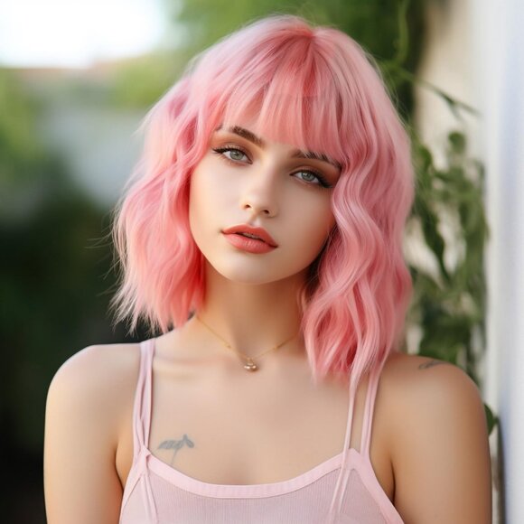 Accessories - Pink Wig for Women Pastel Wavy Bob with Bangs Shoulder Length Synthetic Hair